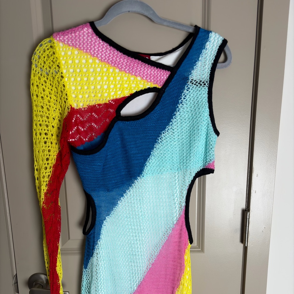 STAUD Marseille Rainbow One-Shoulder Knit Cutout Mini Dress Size M NWOT - Picture 2 of 7